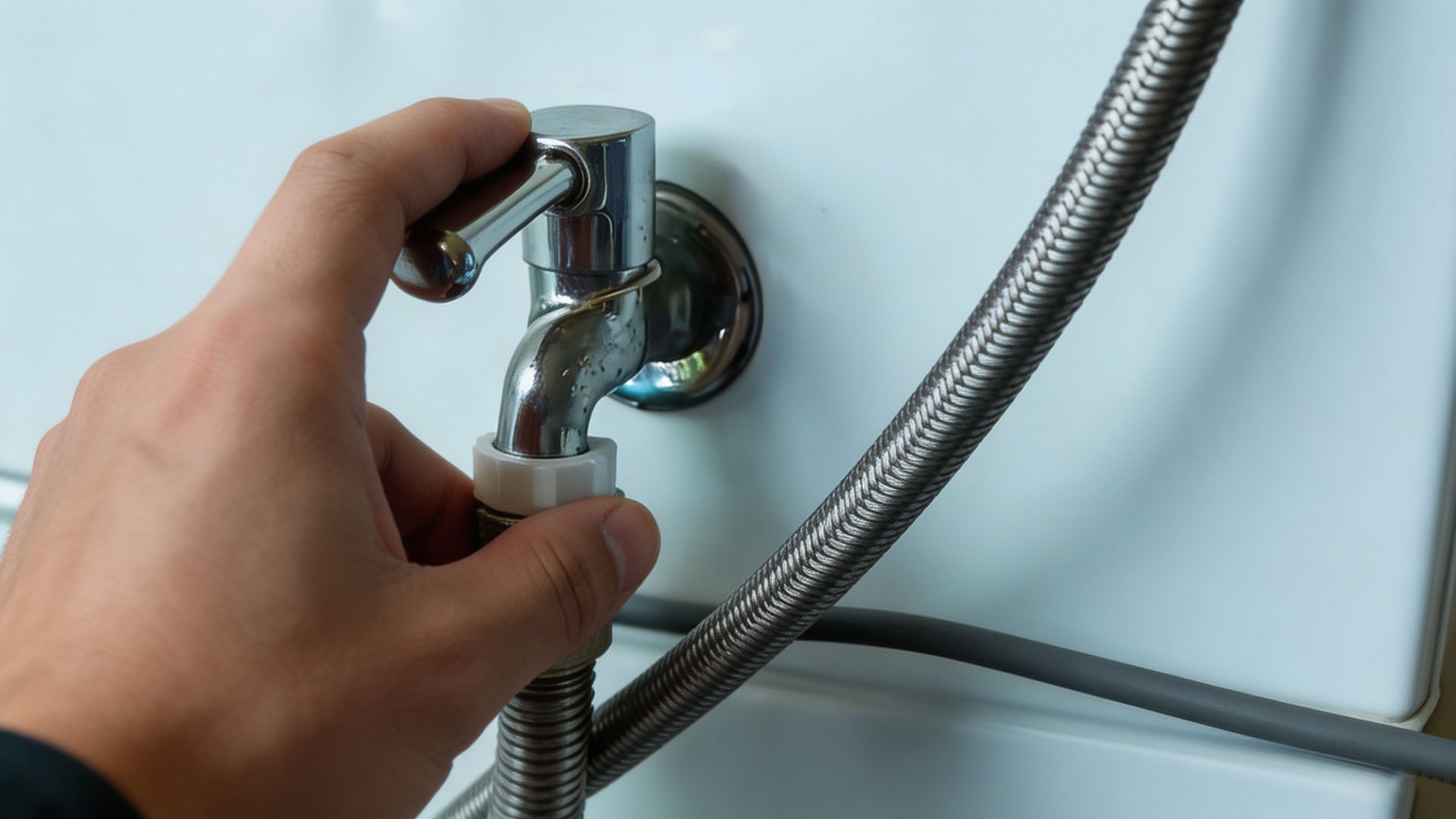 A person turns off the washing machine water tap clockwise before disconnecting the inlet hose.