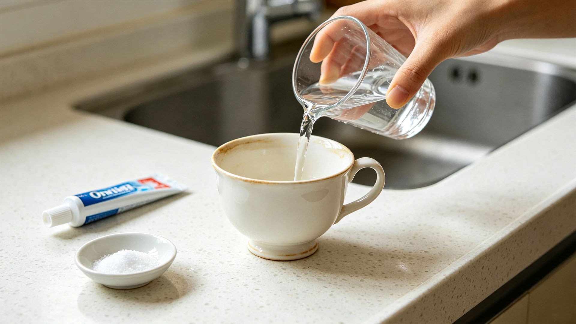 Wet the teacup to prepare for removing tea stains