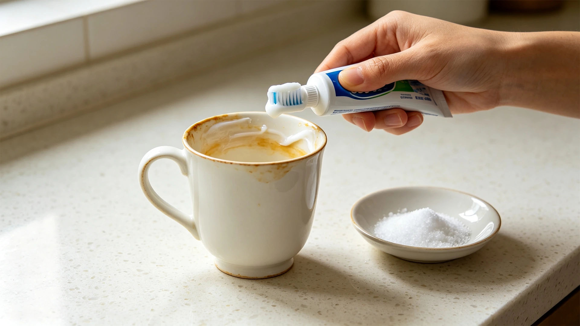 Apply toothpaste on the stained teacup surface