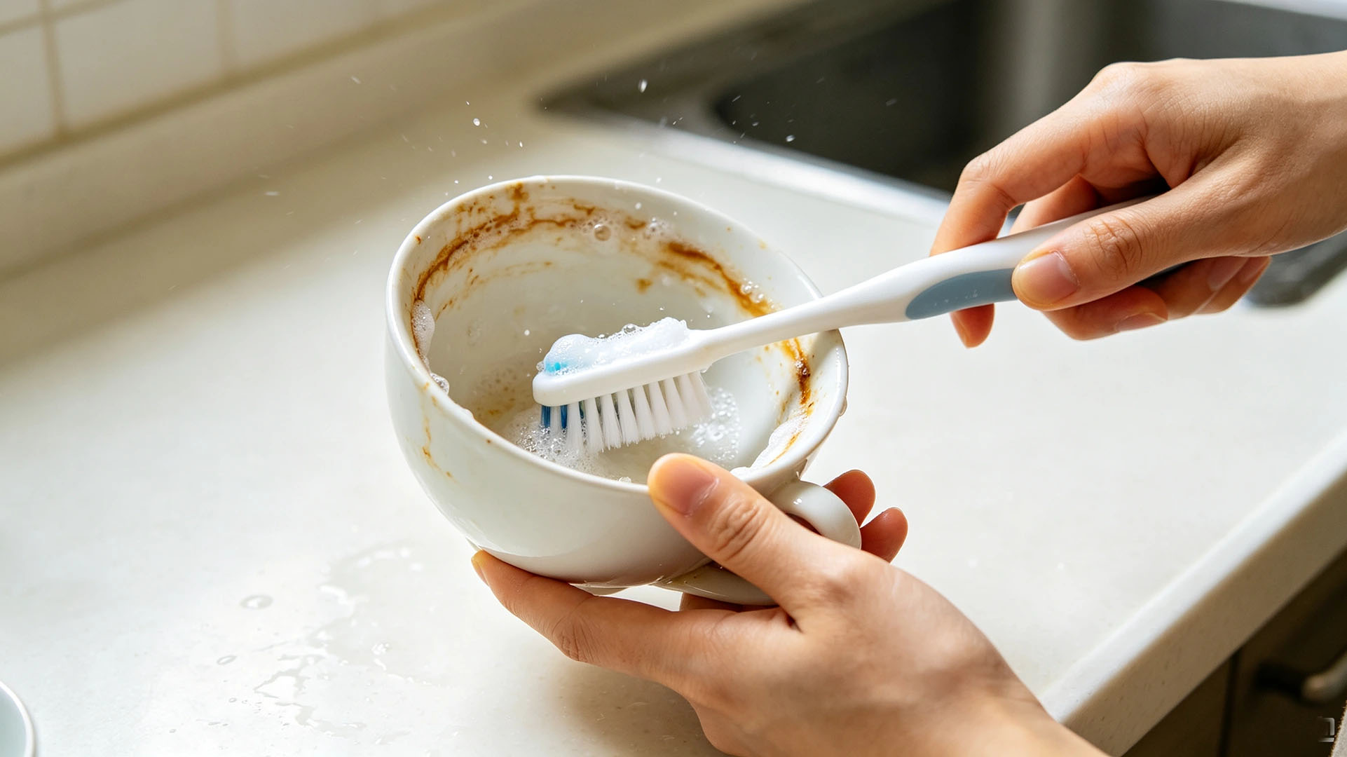 Scrub the teacup with brush to get rid of tea stains