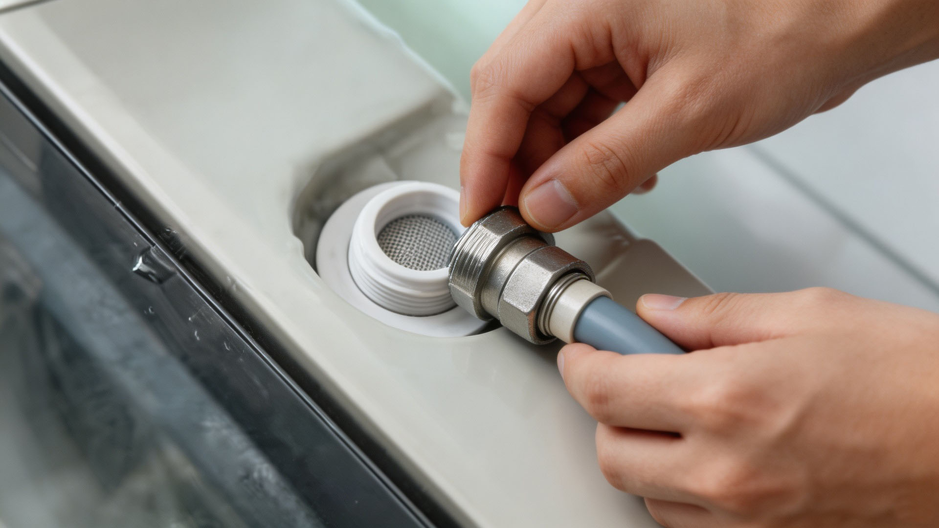 A clean washing machine inlet filter screen is reinstalled into the water inlet joint, and the inlet hose nut is tightened.