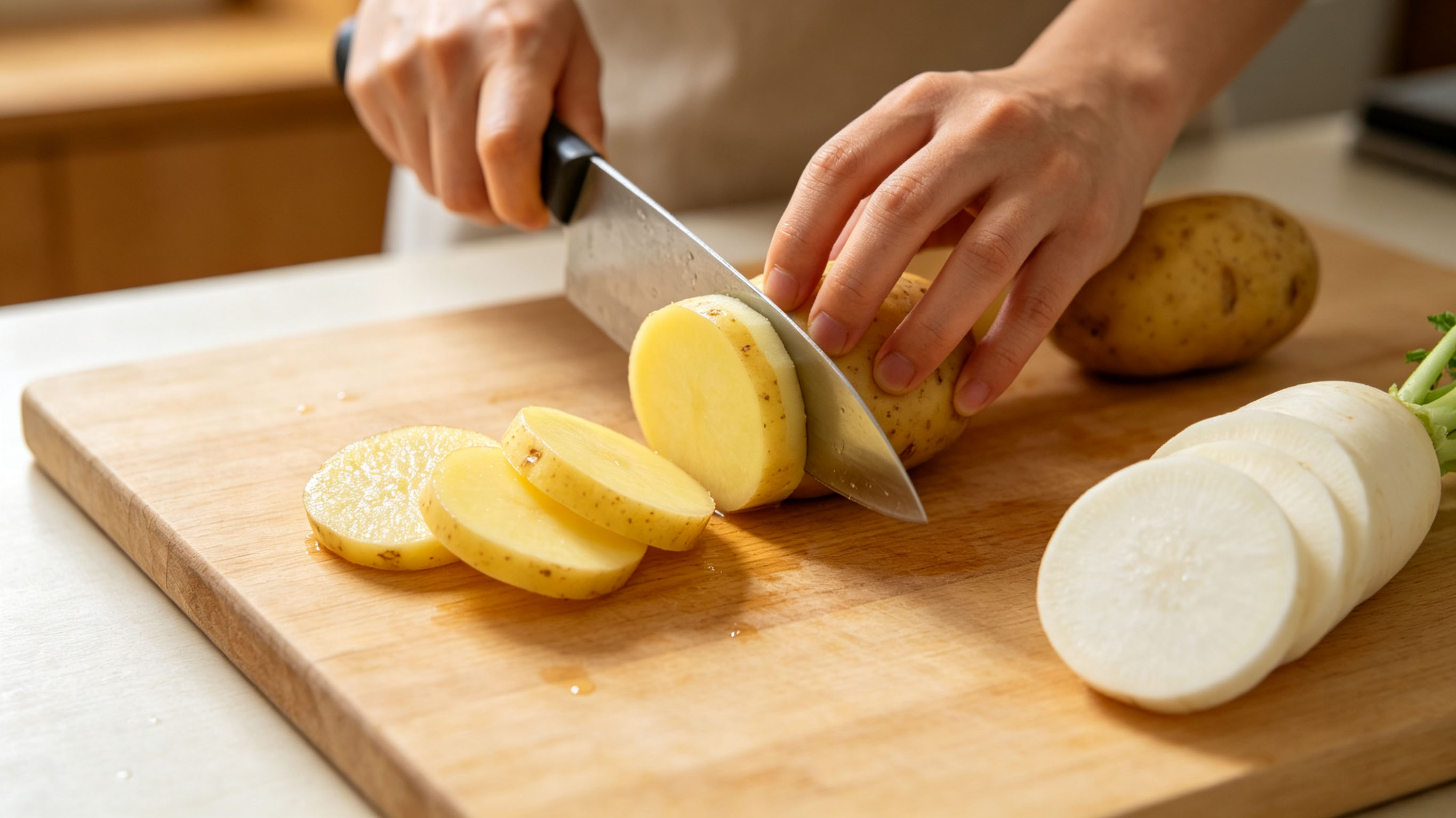 Cut fresh 1‑cm thick potato and radish slices on kitchen cutting board for kitchen knife rust removal