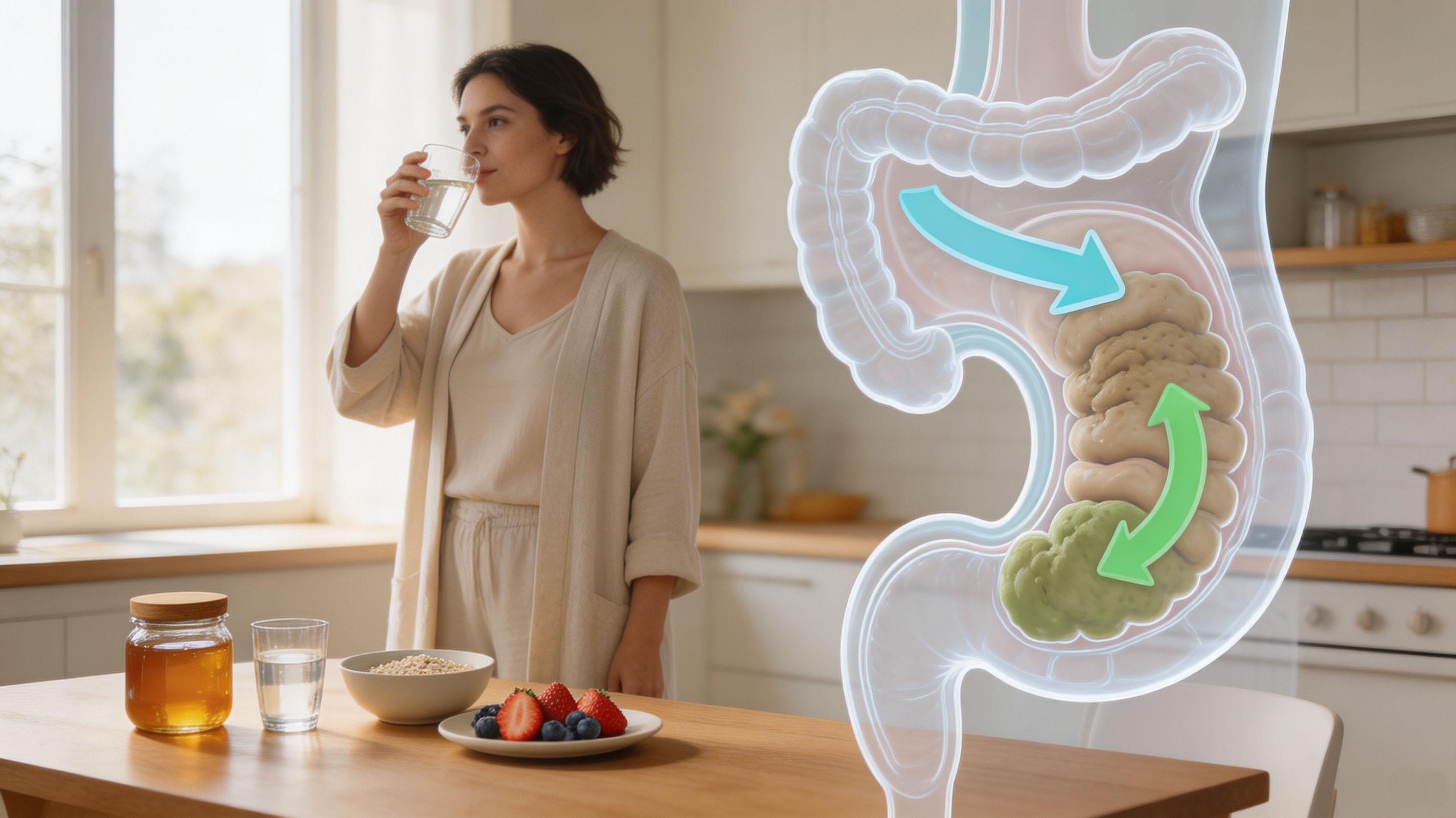 Honey water for constipation relief Glass of honey‑water, science illustration showing fructose osmosis softening hard stool, gut health education