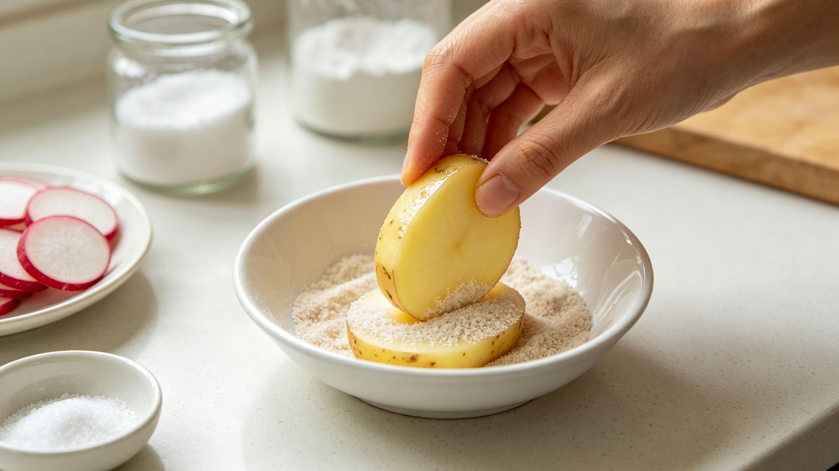 Potato slice pressed into fine sand in small bowl, abrasive sand sticks to fresh vegetable surface for rust cleaning