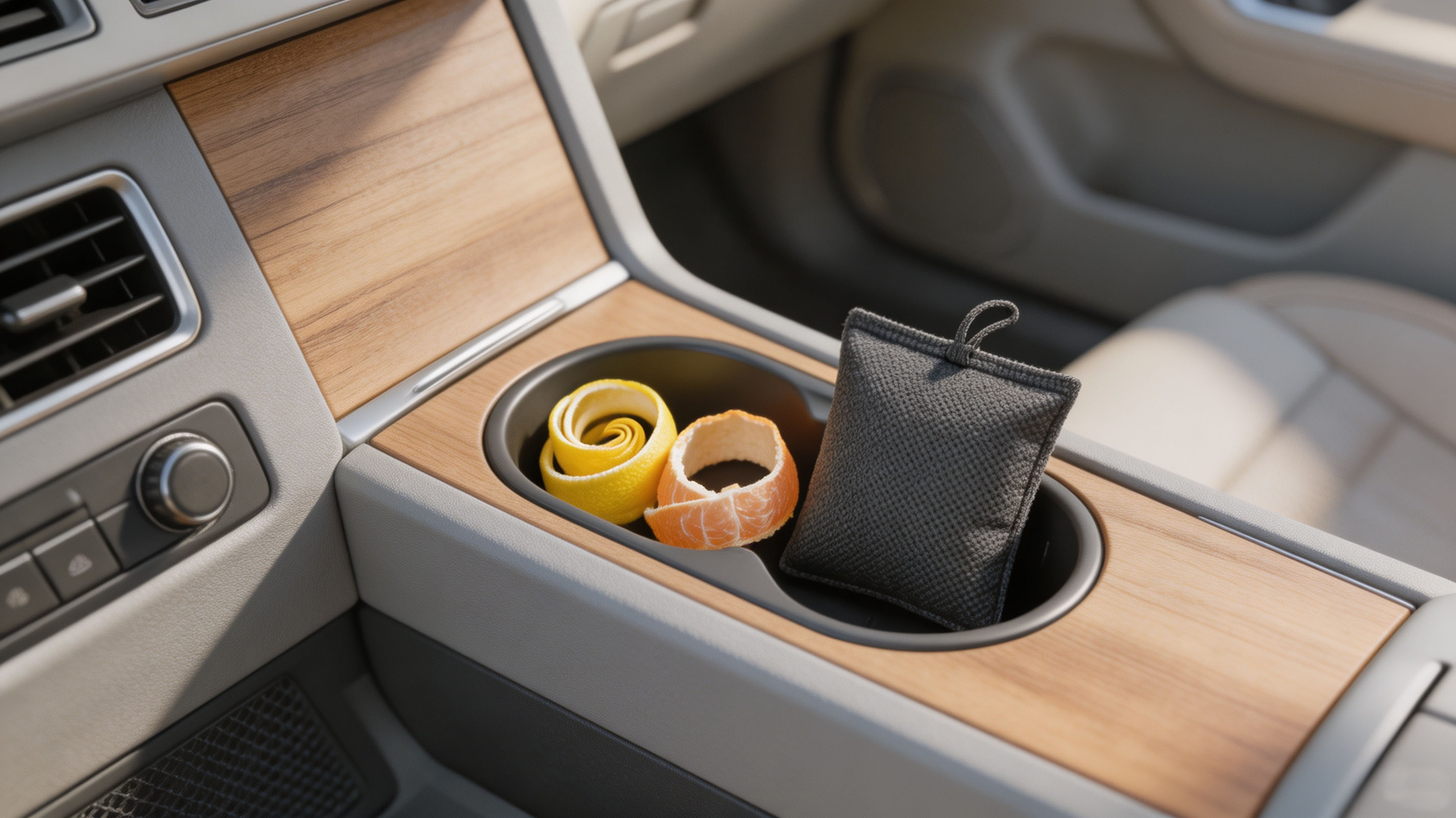 Lemon and grapefruit peels placed in a car cup holder to naturally remove car odor