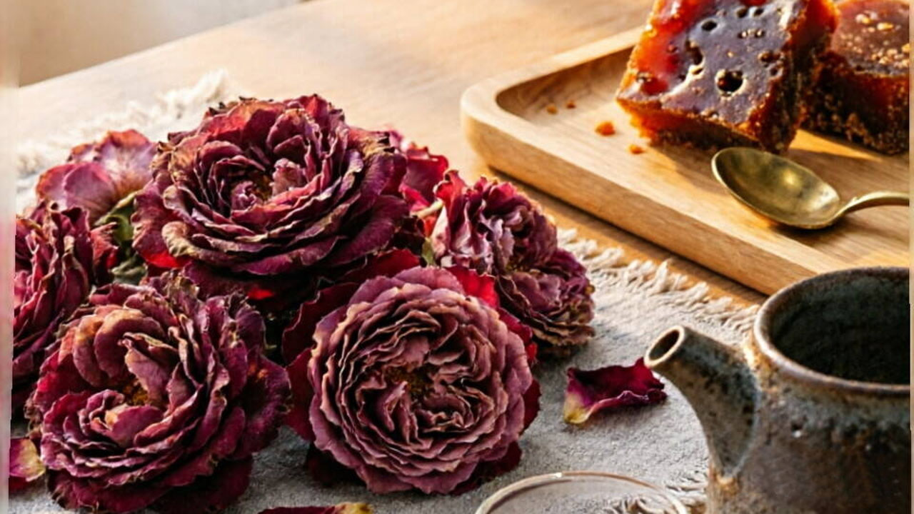 Dried edible rose petals and brown sugar cubes ready to brew rose flower tea