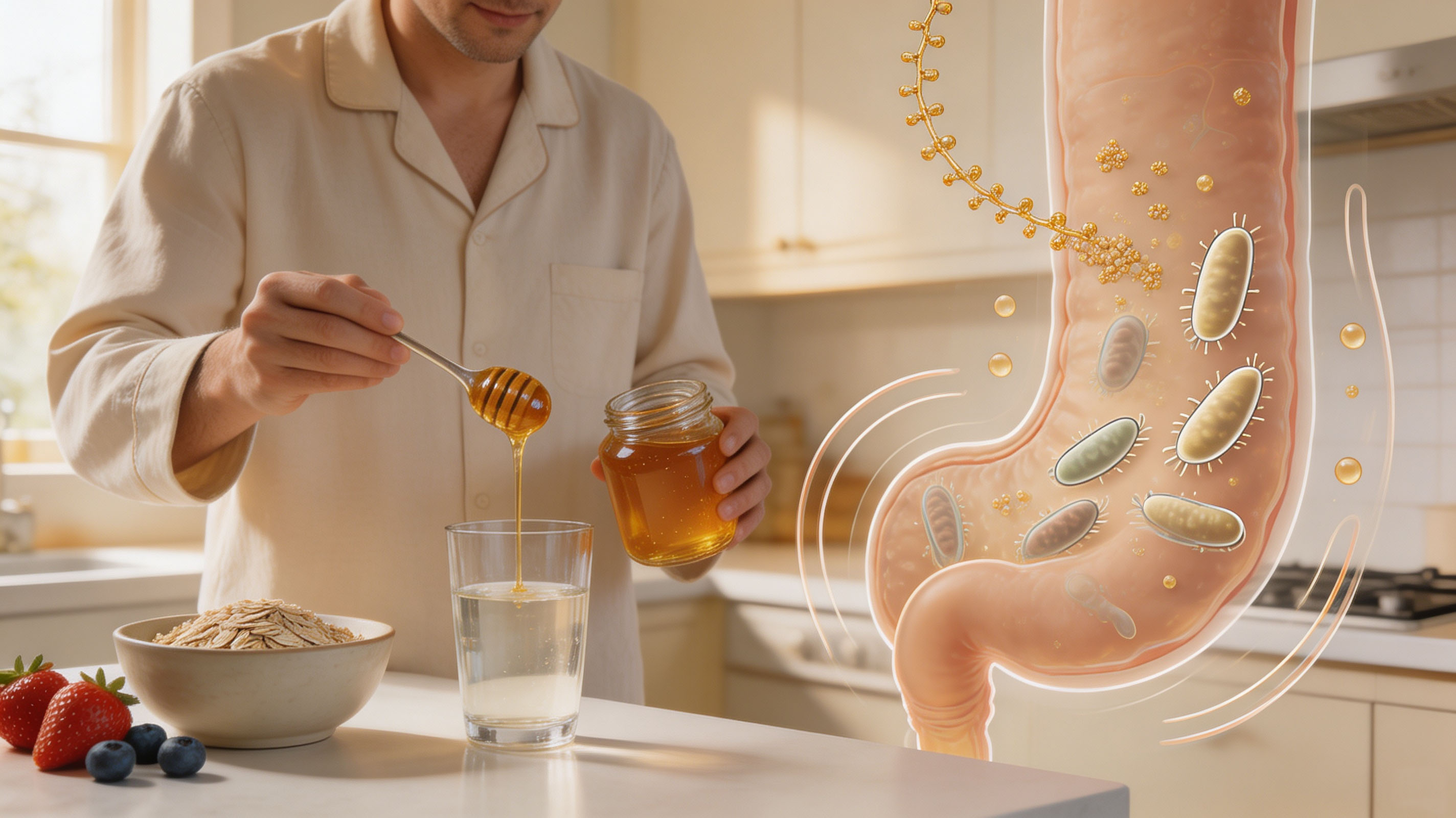 Honey water for constipation relief Honey drink, prebiotics from honey feed good gut bacteria for intestinal health, health infographic scene
