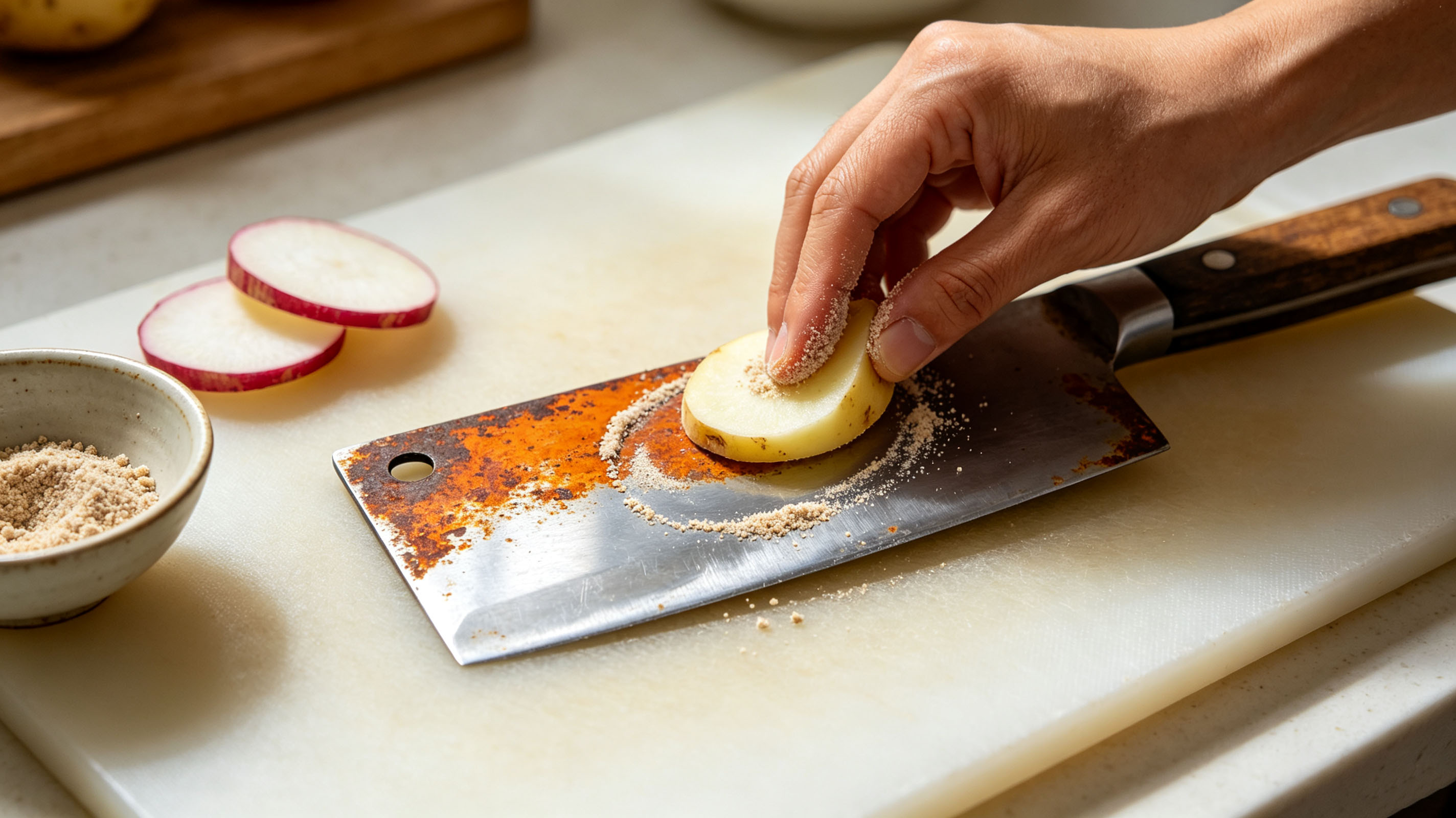 Rub rusty knife blade in small circles with sand‑coated potato slice, gently remove brown rust spots