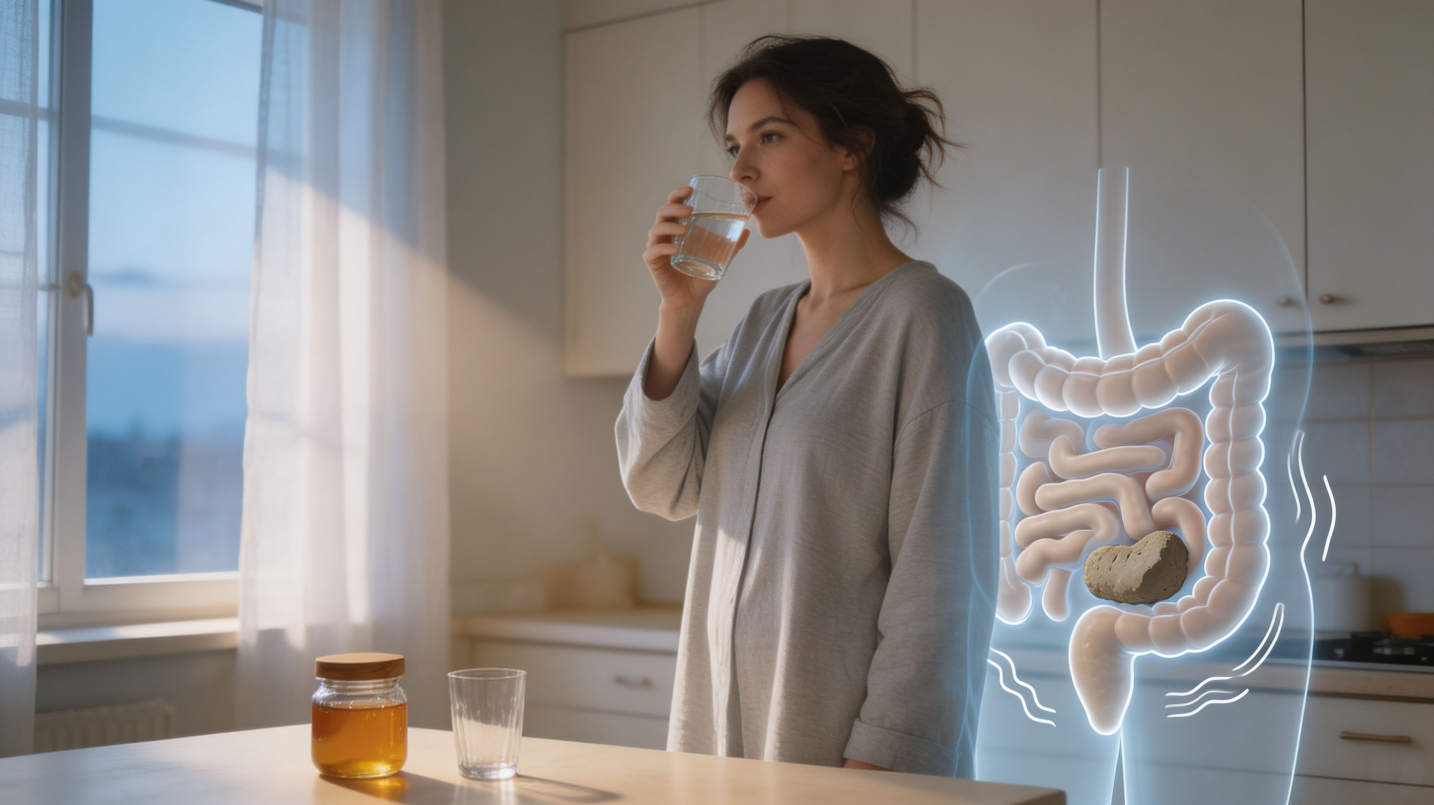 Honey water for constipation relief Person holding warm water glass in morning home scene, hydrate to wake up intestinal tract for regular bowel movement