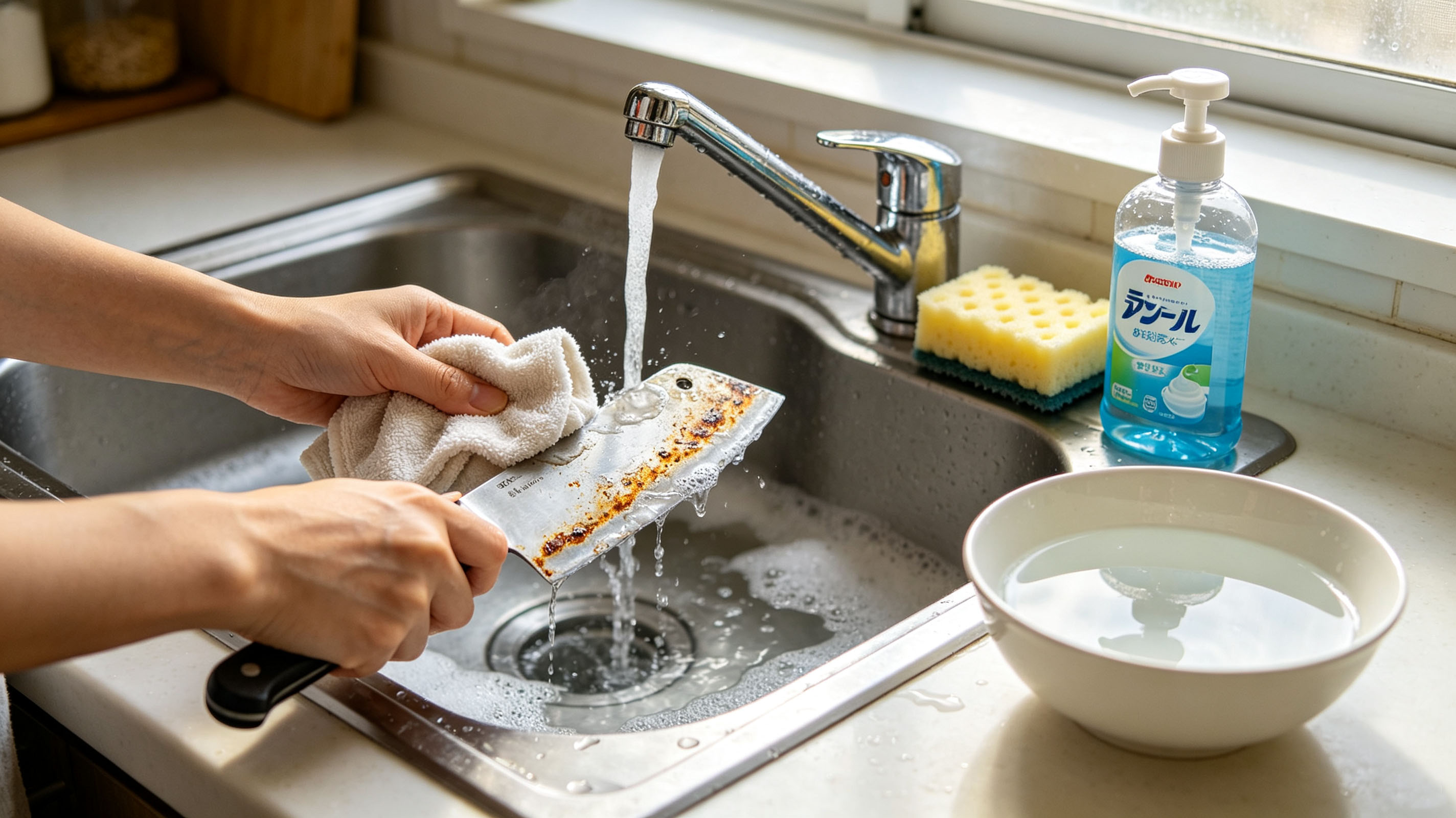 Wash rust‑free kitchen knife with warm water and dish soap in kitchen sink, wipe away sand residue