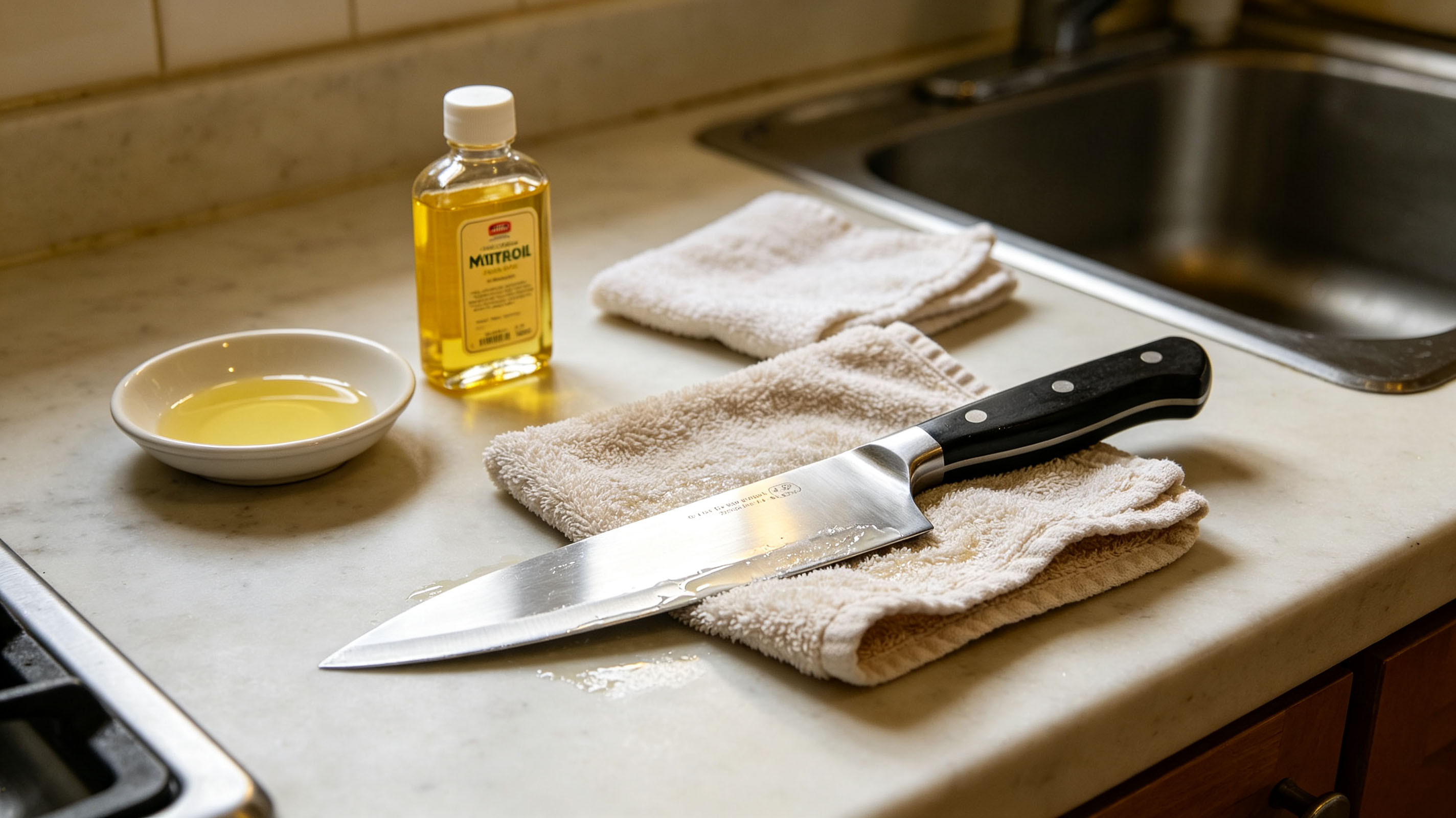 Dry kitchen knife completely with towel, apply thin layer food‑safe mineral oil for anti‑rust maintenance