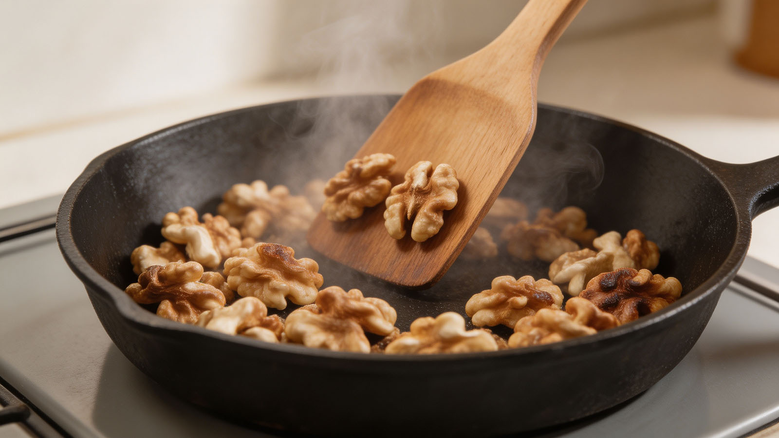Raw walnuts toasting in a dry pan over low heat until fragrant