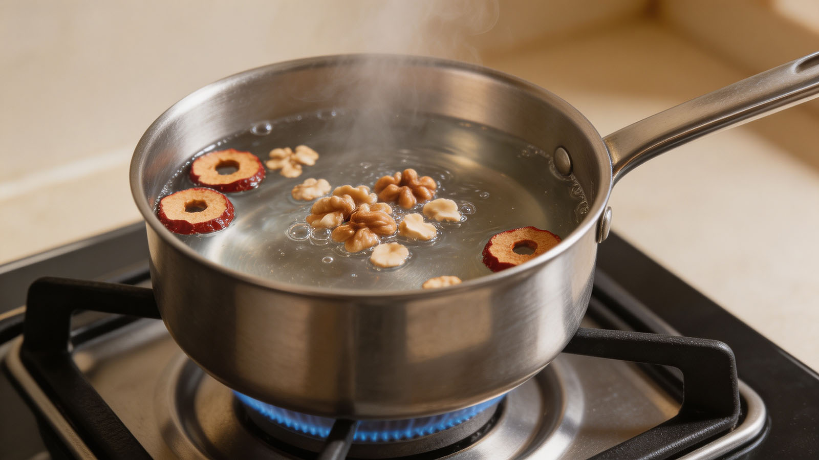 Dried hawthorn berries and chopped walnuts simmering in a saucepan of water