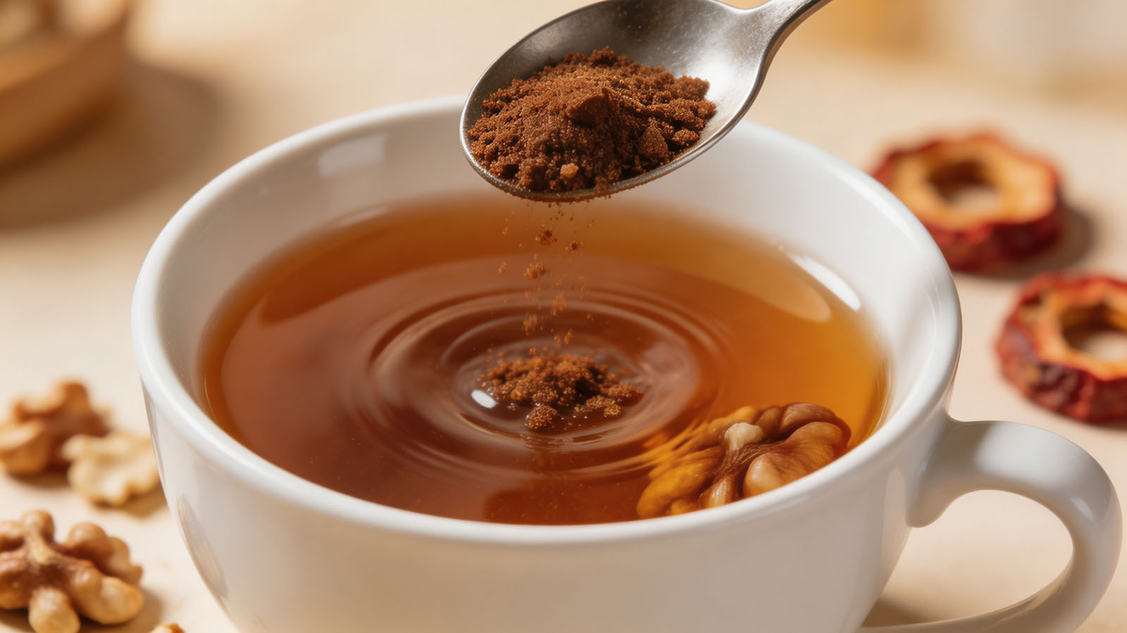 Brown sugar stirred into brewed hawthorn and walnut tea