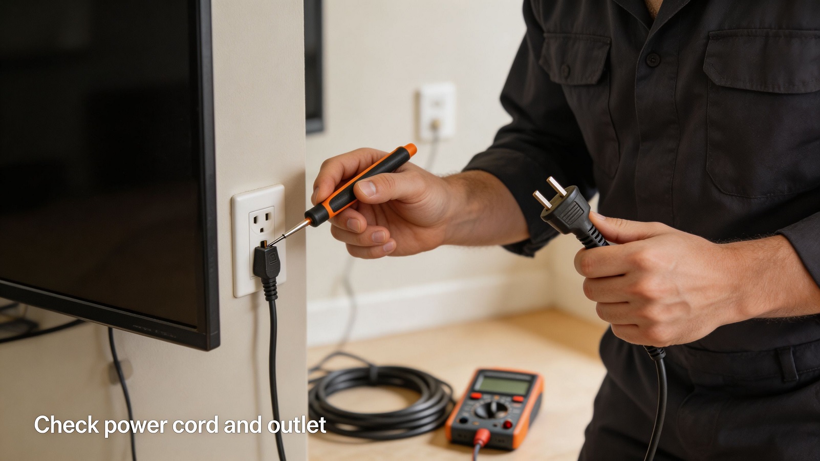 Person testing a wall socket and TV power cable while troubleshooting a TV that will not turn on
