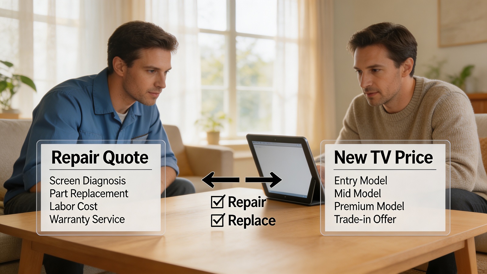 Comparison of TV repair quote against the price of a new television to decide repair or replace