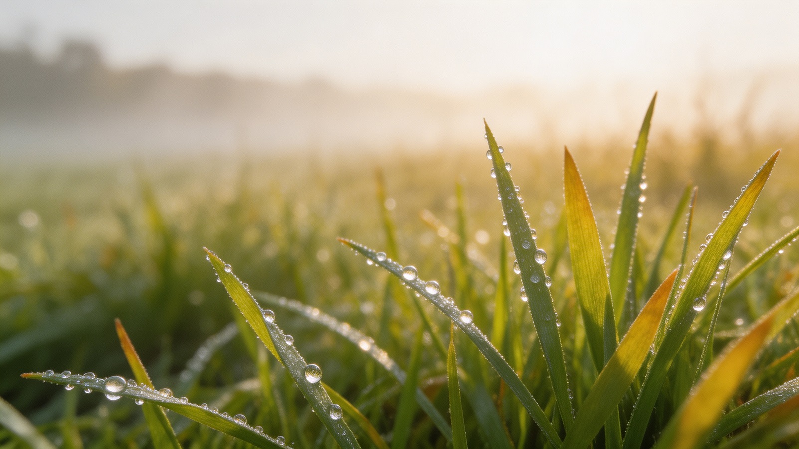 Dewdrops on green grass at sunrise during the White Dew solar term in early September