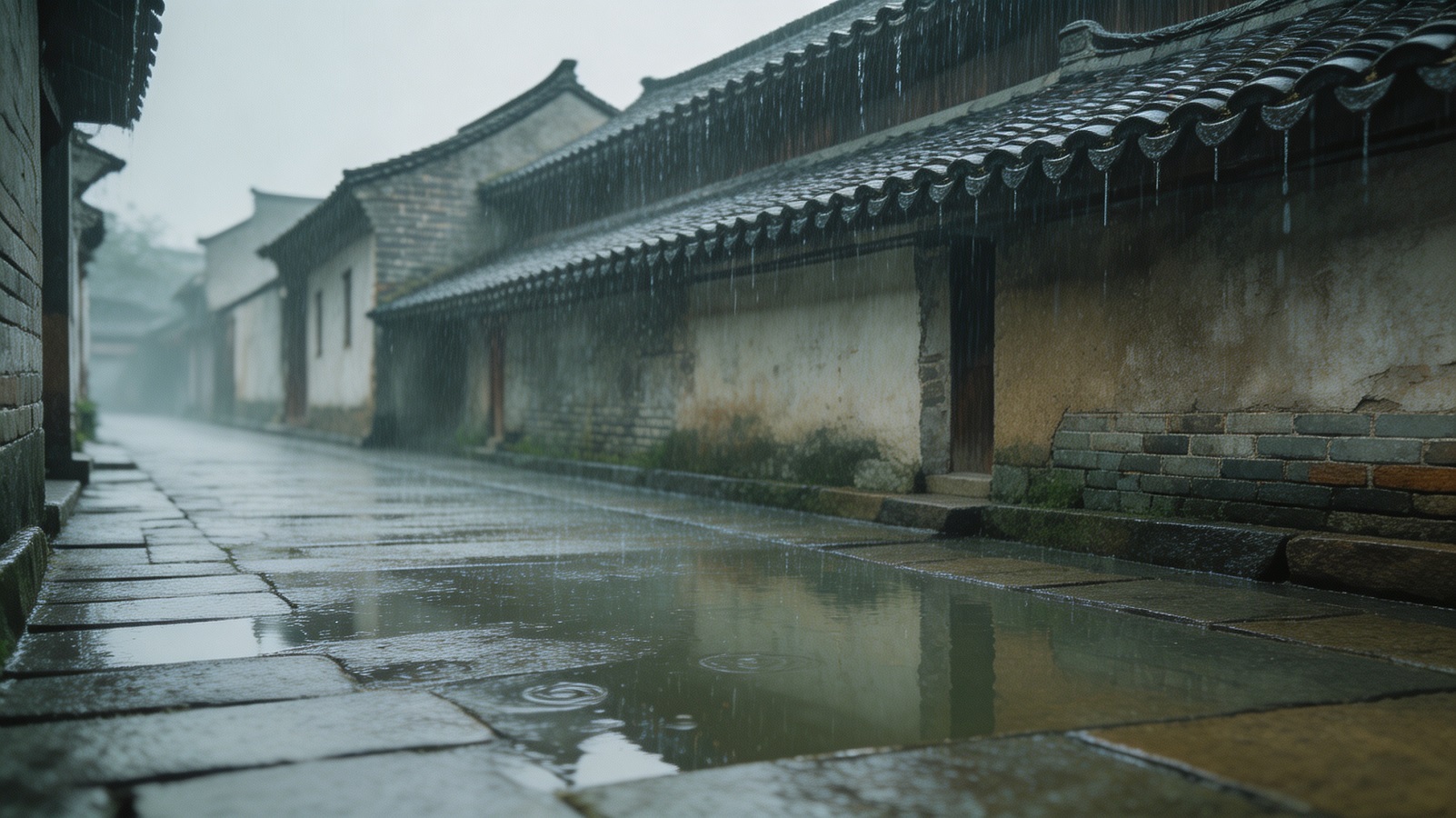 Rain falling on a Chinese village rooftop in late summer, humid and overcast