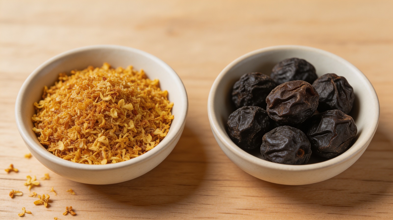 Dried osmanthus flowers and smoked dark plums in small bowls