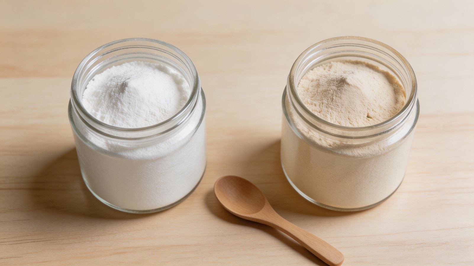Small glass jar of fine white Chinese yam powder with a wooden spoon beside it