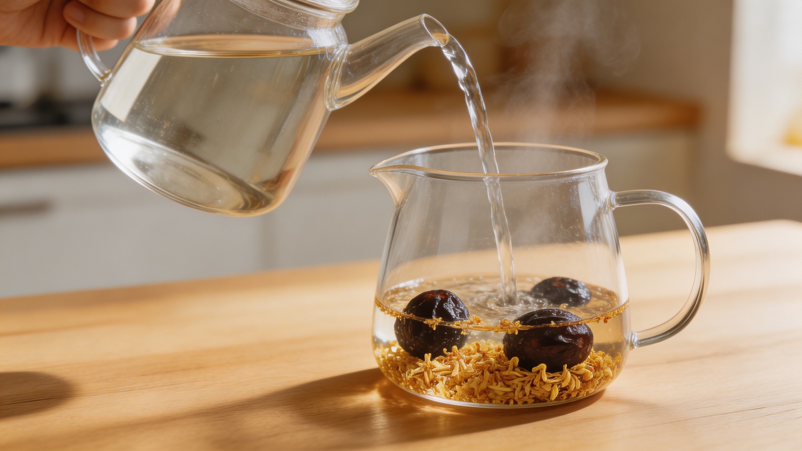 Pouring hot water over osmanthus and smoked plums in a glass teapot