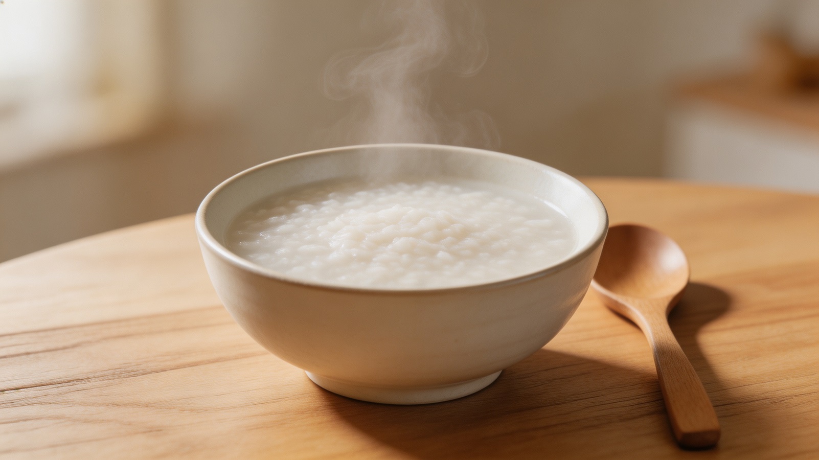 Bowl of warm rice porridge stirred with white poria powder on a wooden table