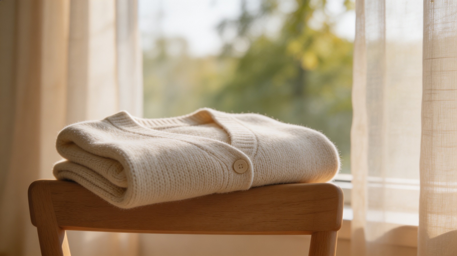 Folded linen layers and a warm cardigan on a chair for cool autumn mornings