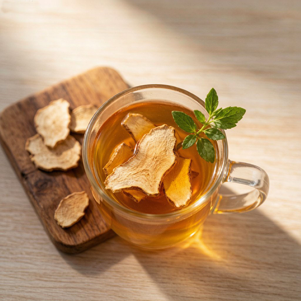 Burdock root tea ingredients laid out on a wooden board — dried burdock root slices, goji berries, and a glass teapot