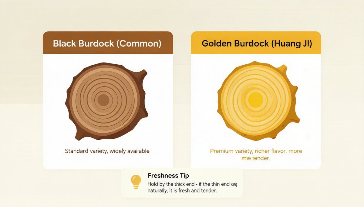 Side-by-side comparison of black burdock root and golden burdock root cross-sections with labels and freshness tips