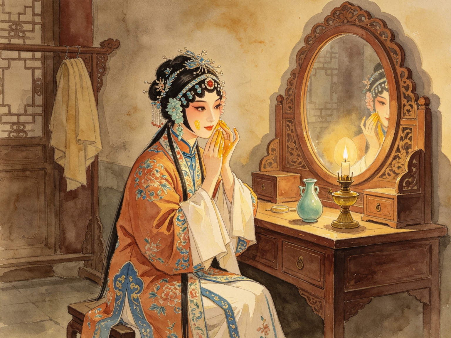 Vintage illustration of a traditional oil-based makeup removal ritual in an old opera dressing room