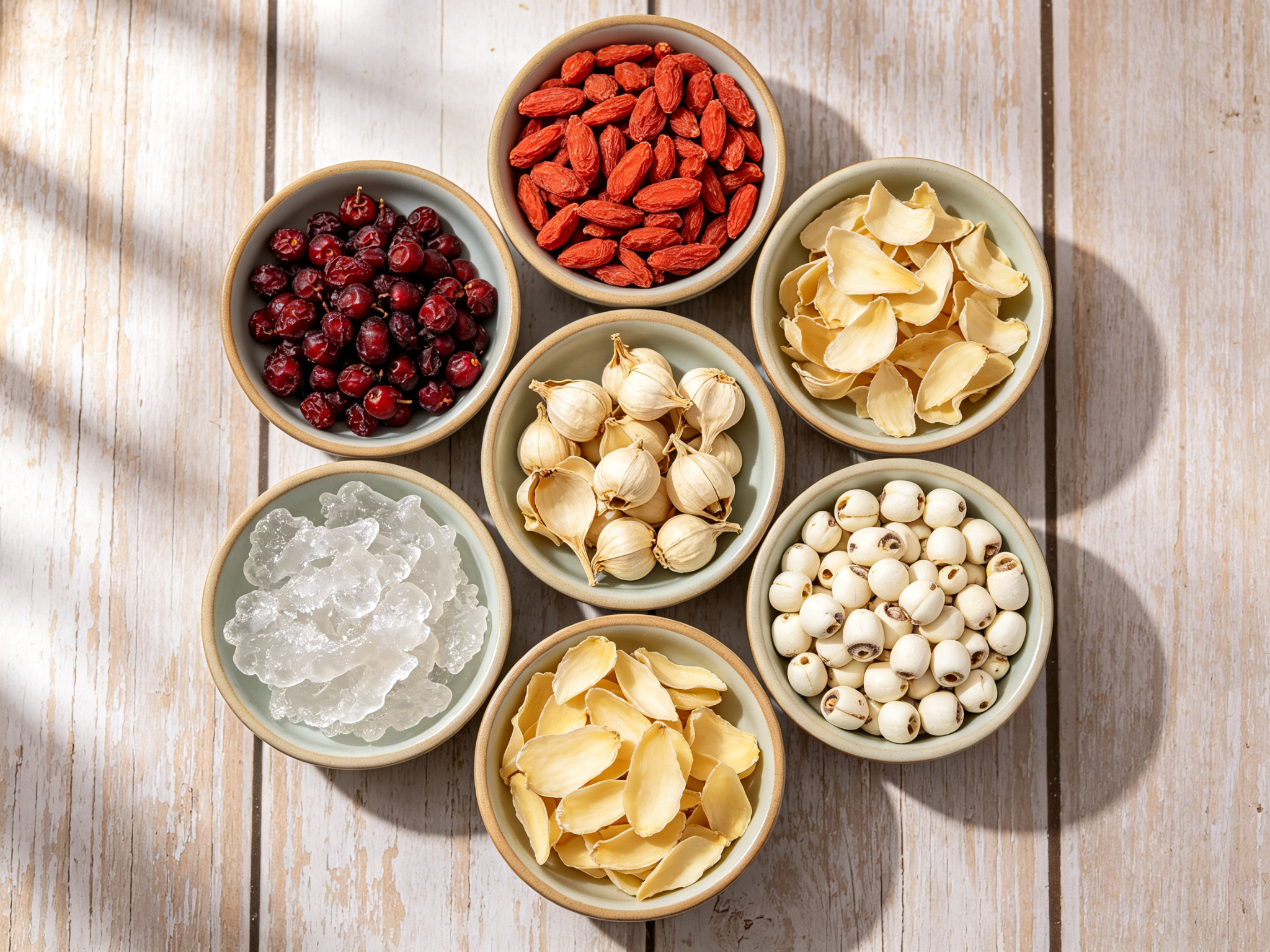 Flat lay of six small bowls with goji berries, schisandra, lily bulbs, snow fungus, lotus seeds and ophiopogon