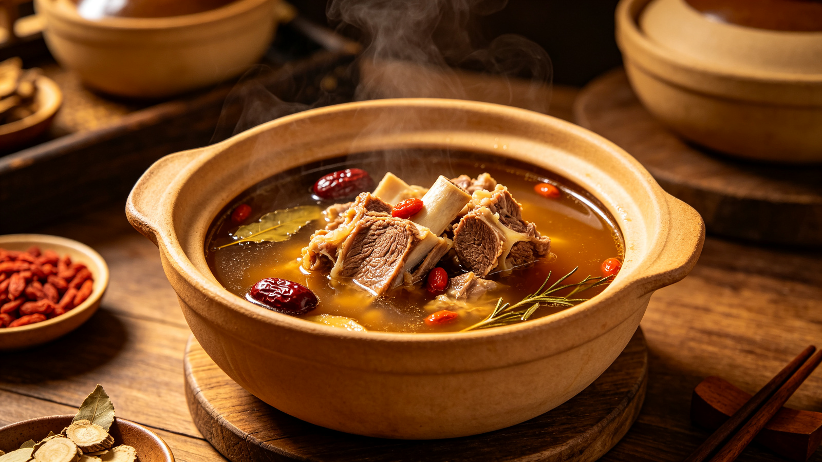 Nourishing Chinese herbal bone marrow soup in a rustic clay pot with rich amber broth, beef bones, and dried berries