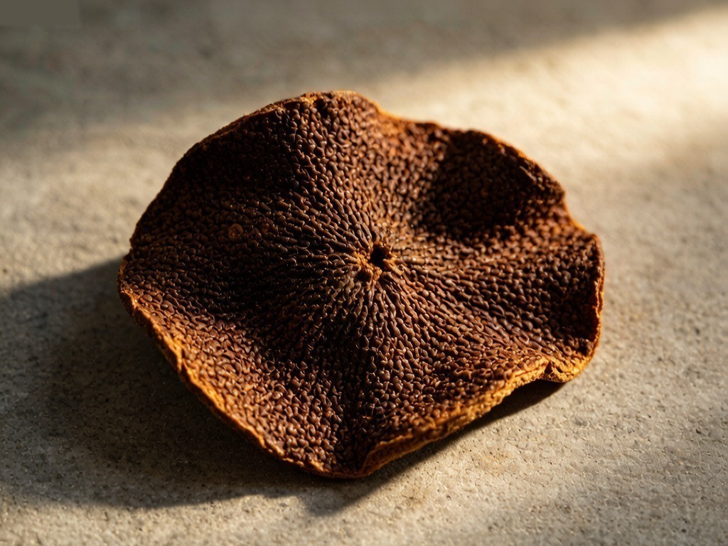 Dried aged tangerine peel Chen Pi, dark brown textured surface with visible oil glands, warm natural light, stone surface
