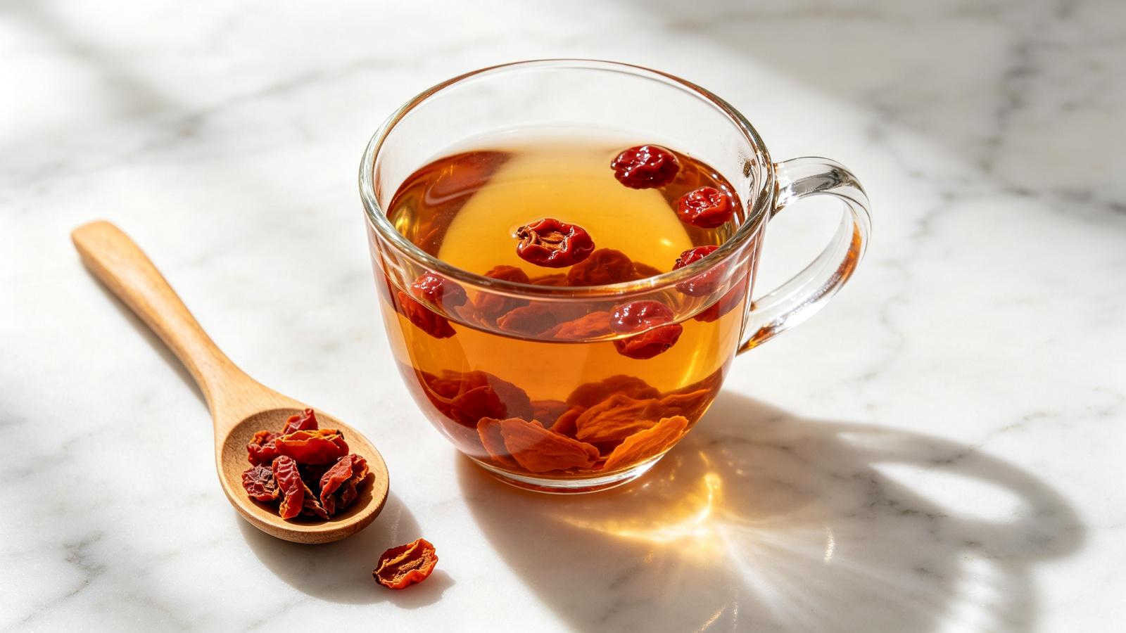 Dried Cornus fruit steeping in hot water in a clear glass cup with amber infusion on a marble surface