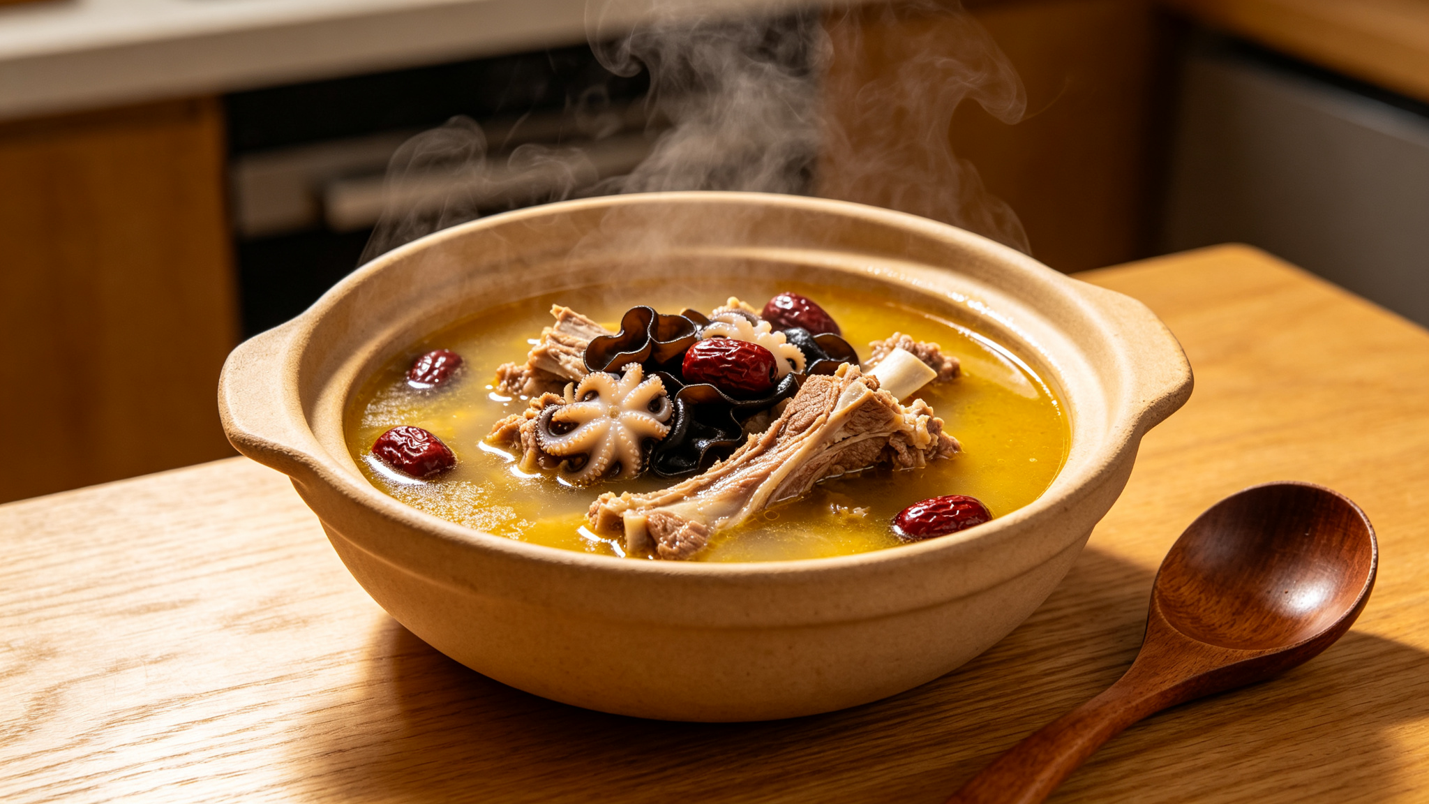 Cuttlefish and lamb soup with red dates and black fungus, a nourishing traditional recipe in ceramic pot