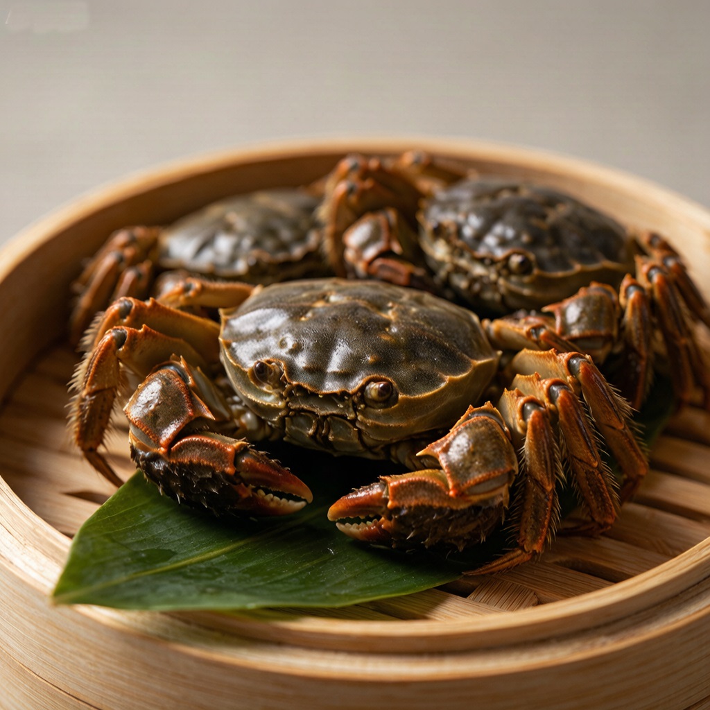 Fresh plump Chinese mitten crabs on bamboo steamer