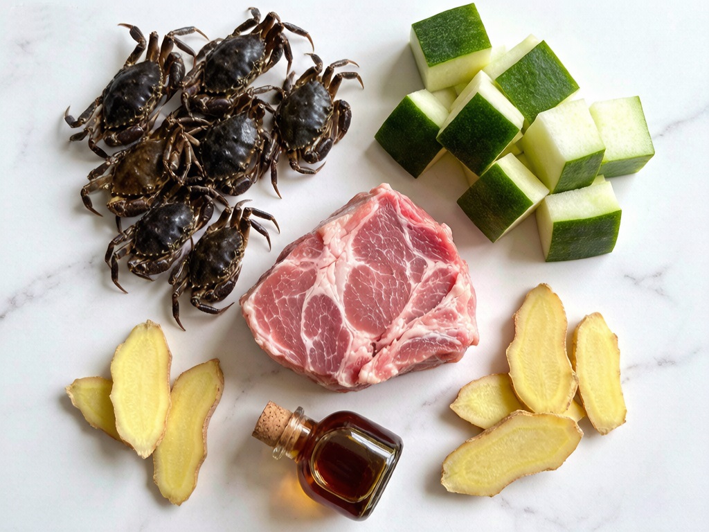 Ingredients for nourishing crab soup: crabs, winter melon, Rehmannia root, ginger