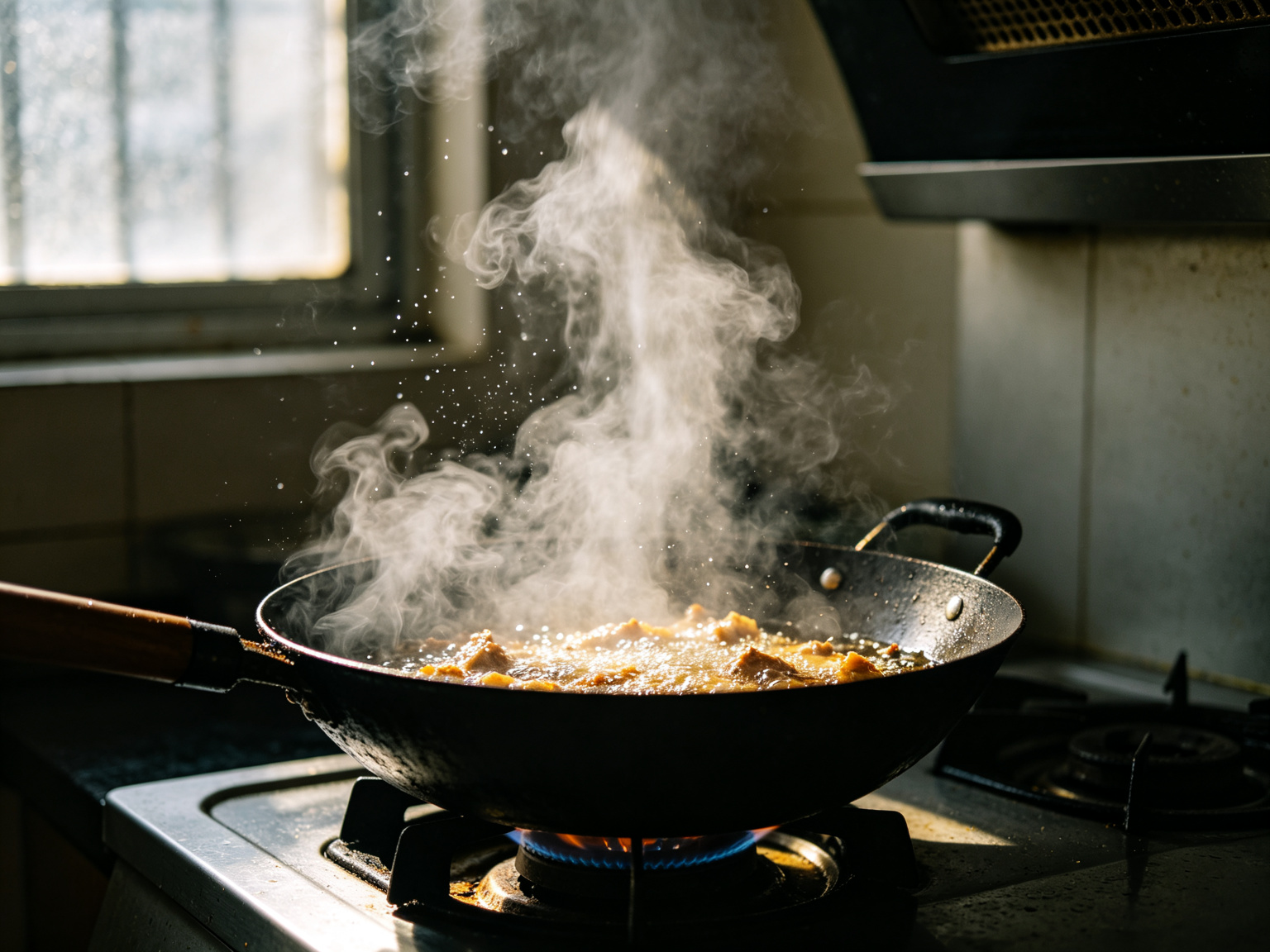 Cooking oil smoke rising above a hot wok in a home kitchen