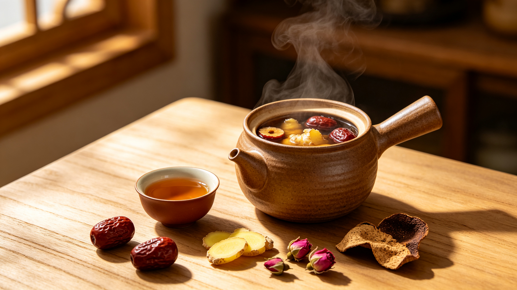 Ginger red date tea with rose and aged tangerine peel in ceramic teapot on warm wooden table