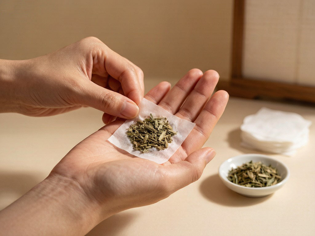 Hands applying a traditional herbal wellness patch onto the palm during acupoint therapy