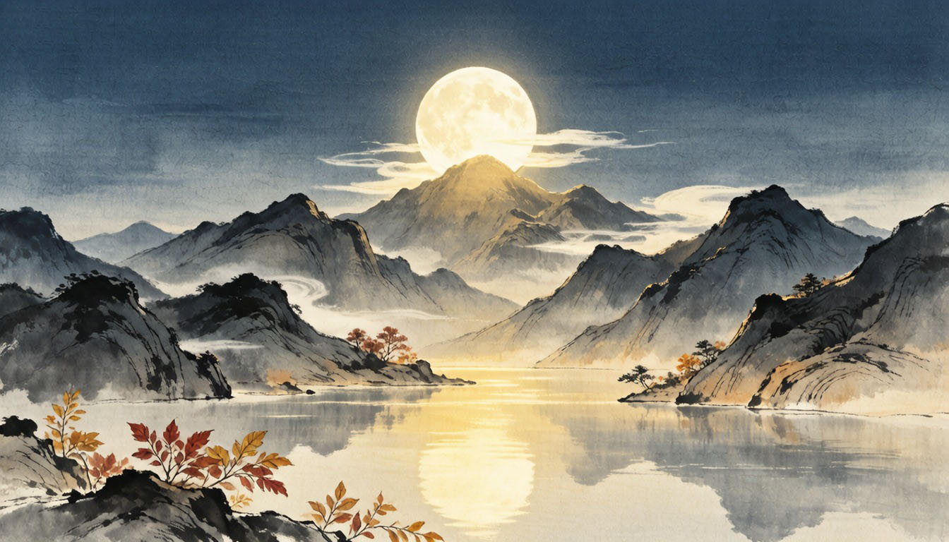 Full moon over misty mountains at the autumn equinox, calm Eastern ink-painting mood