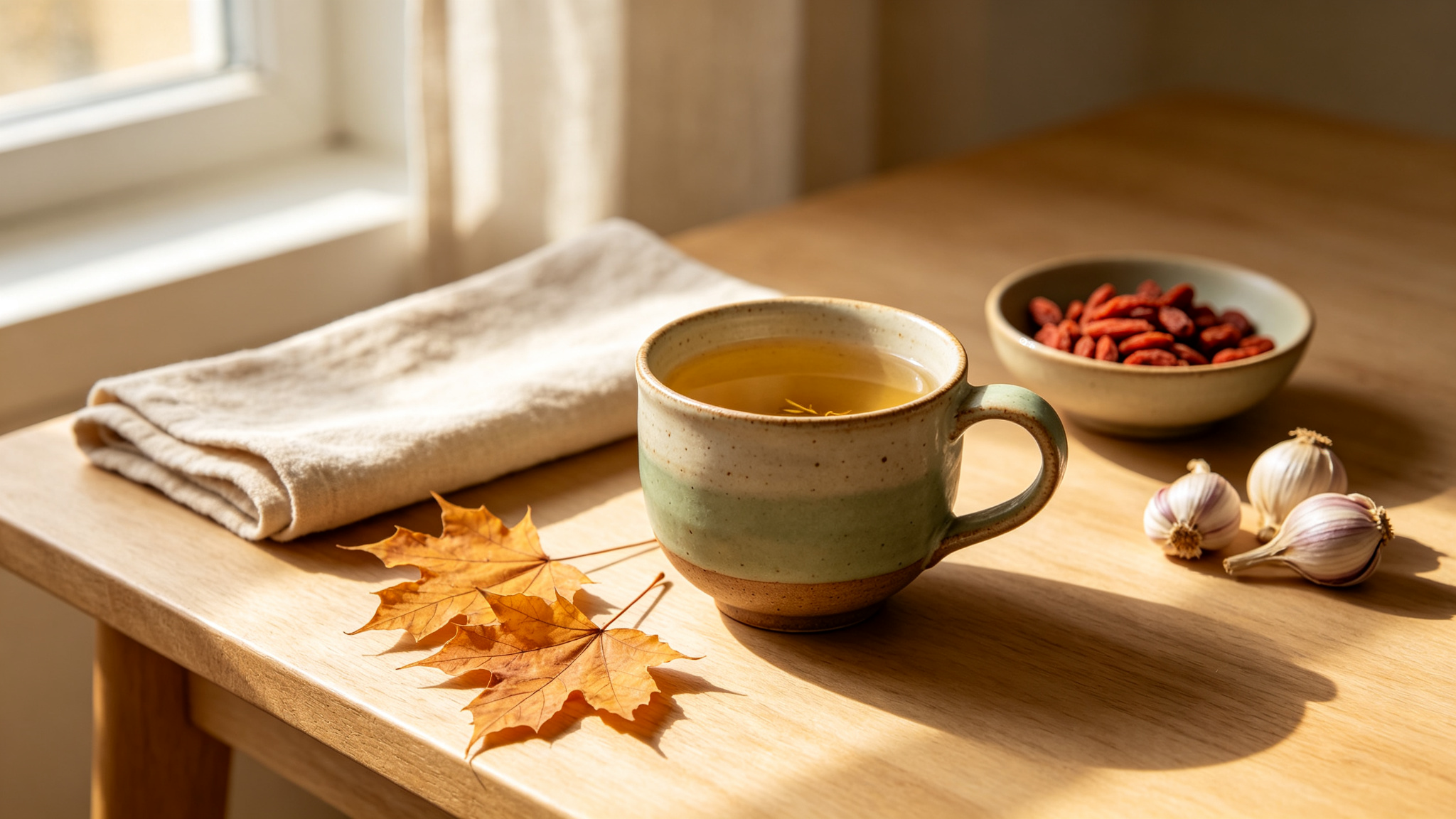 Steaming cup of herbal tea by a sunny autumn window, with dried leaves and goji berries on a wooden table