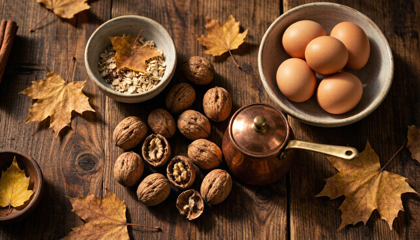 Cozy autumn wellness flat lay with walnuts, eggs, and a copper pot
