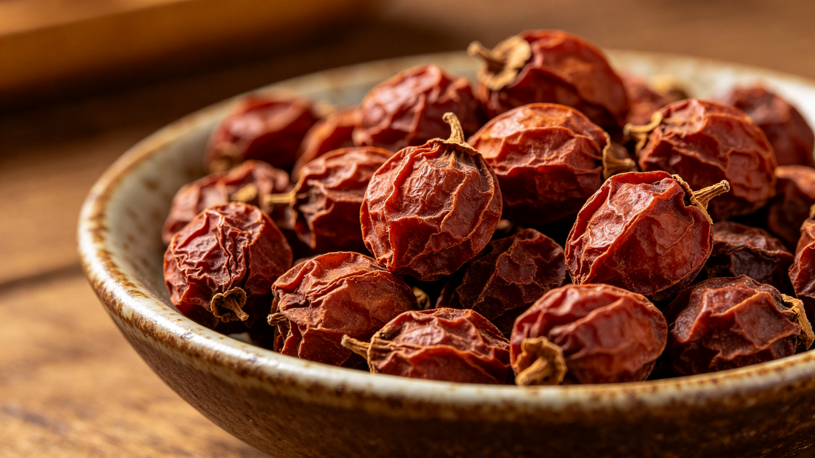 Dried Cornus officinalis fruit (Shan Zhu Yu) in a rustic ceramic bowl, wrinkled deep red-brown berries on a wooden table