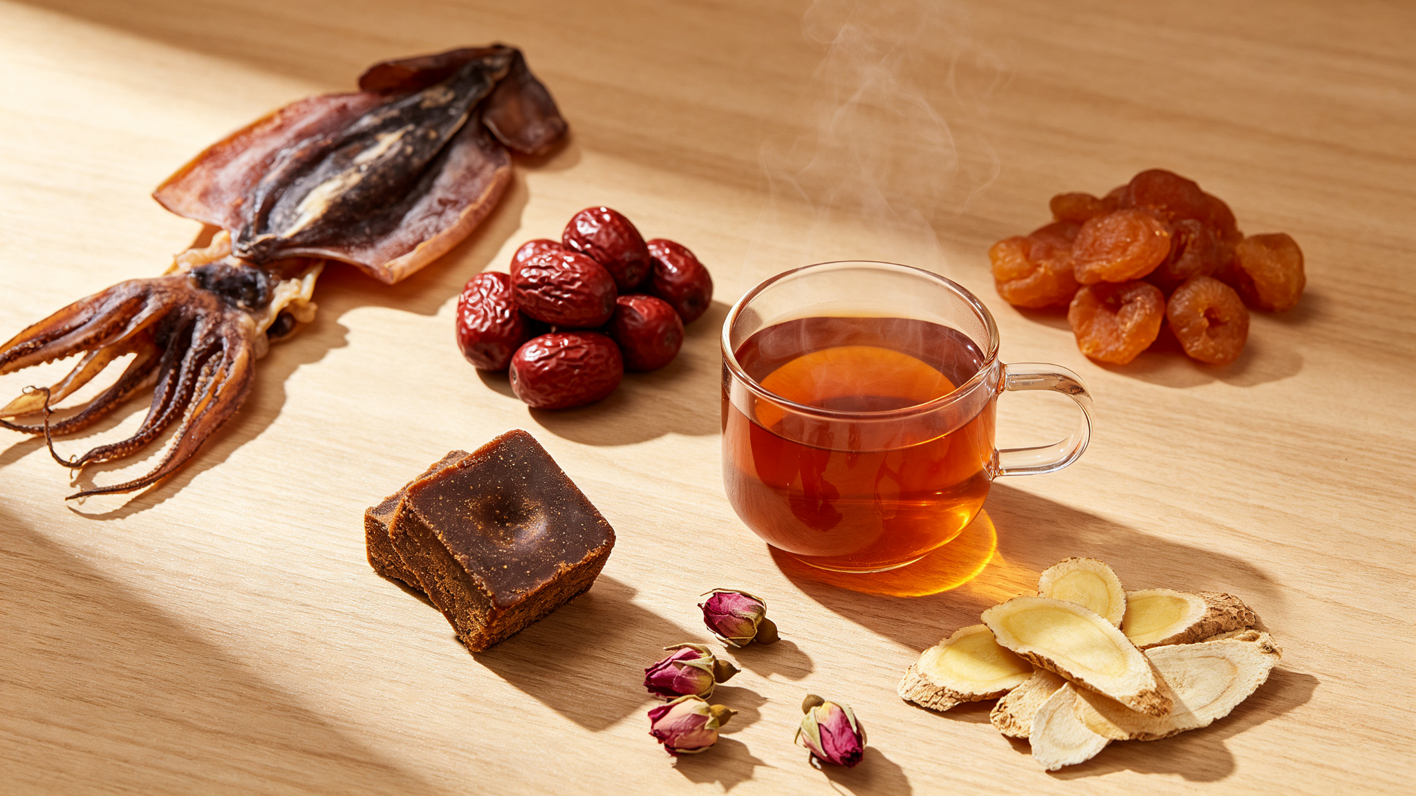 Traditional blood-nourishing foods arrangement with dried cuttlefish, red dates, longan, brown sugar and healing herbs on wooden table