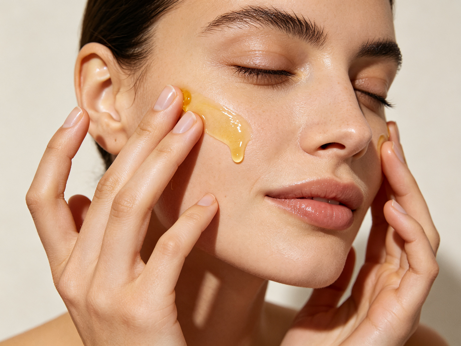 Applying camellia cleansing oil to the face with gentle circular massage