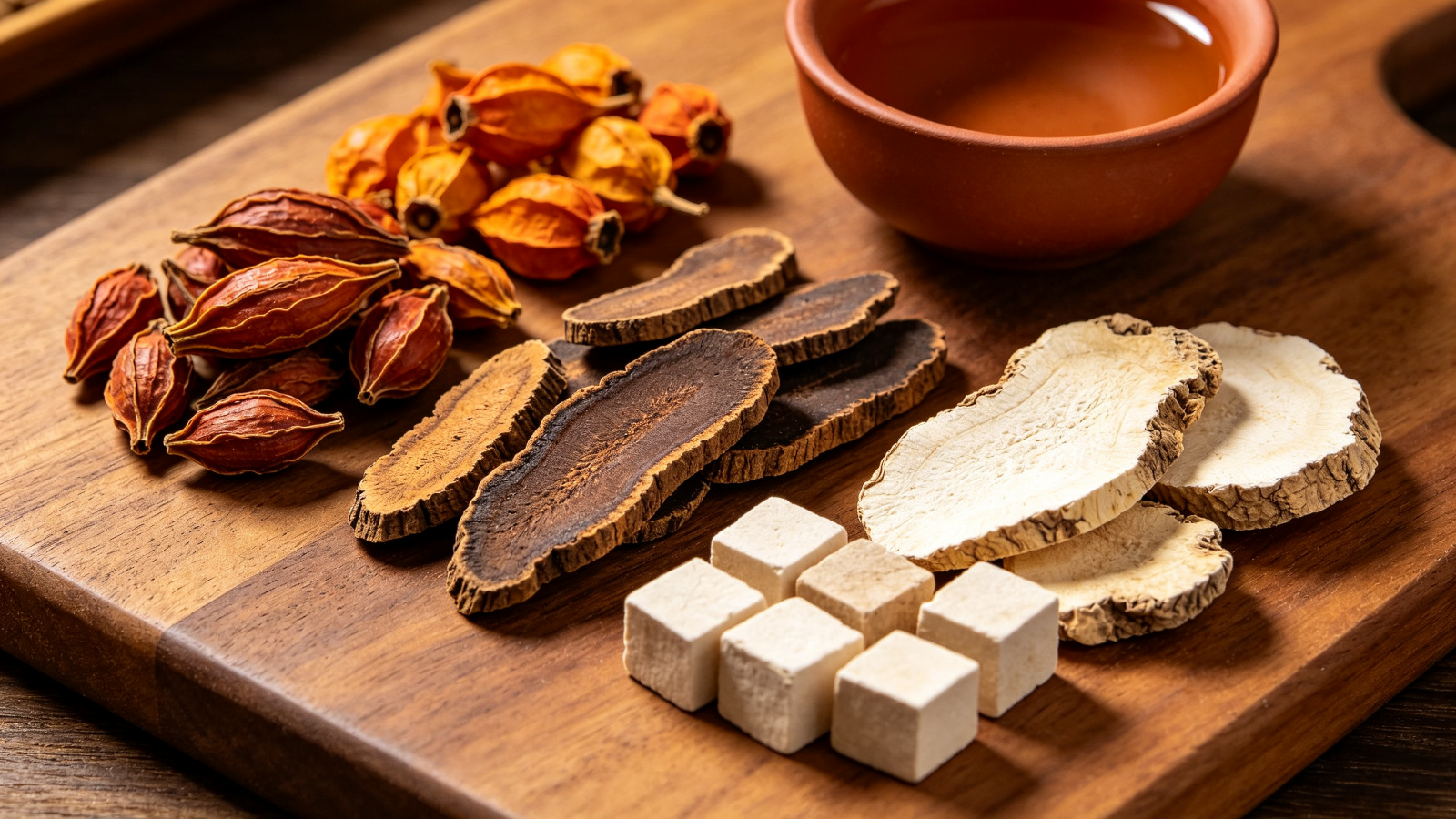 Flat lay of traditional wellness ingredients on a wooden board: dried Cornus fruit, rehmannia root slices, Chinese yam slices, and poria cubes