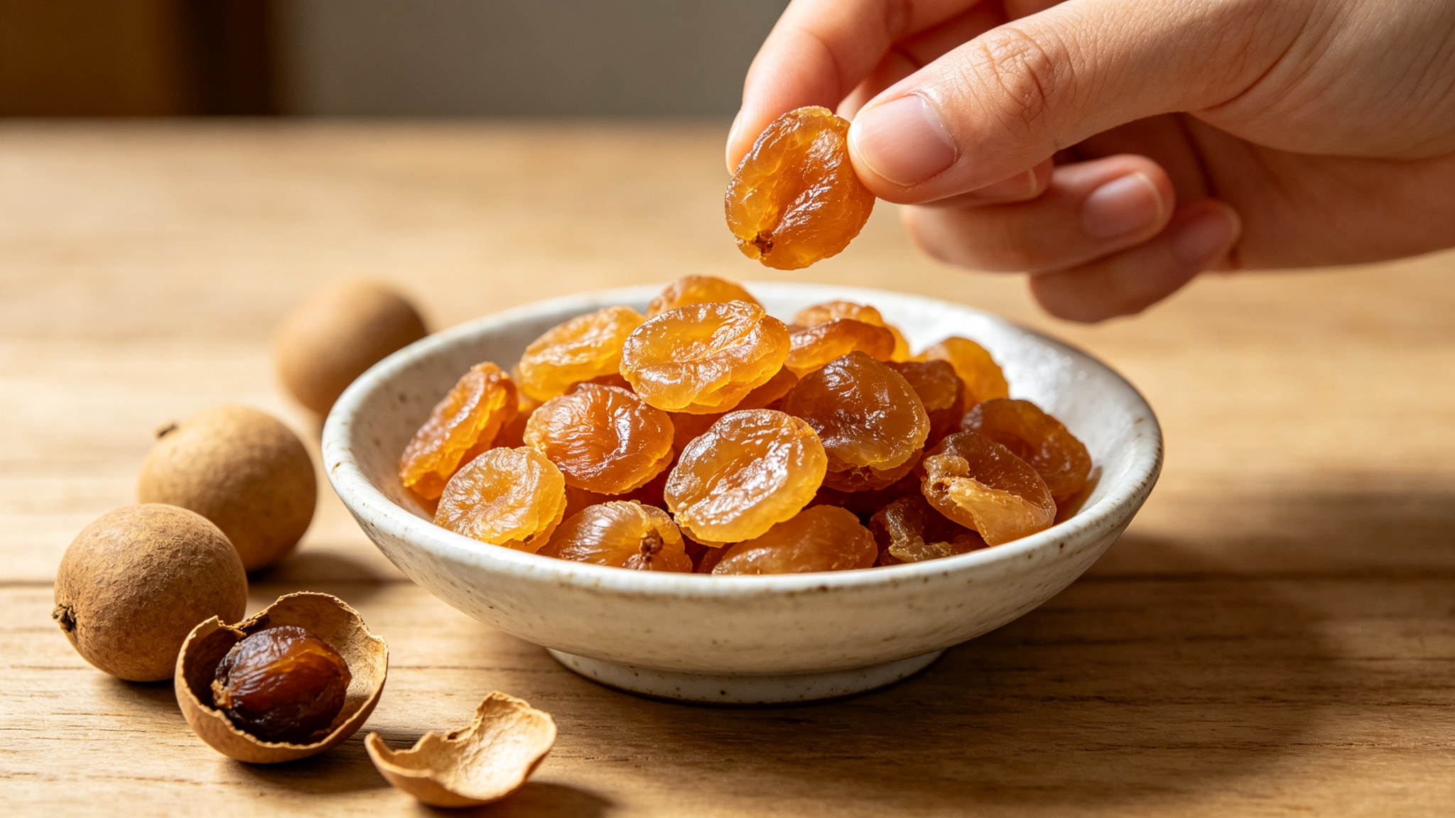 Dried longan fruit in white ceramic bowl, a traditional heart-supporting and blood-nourishing snack