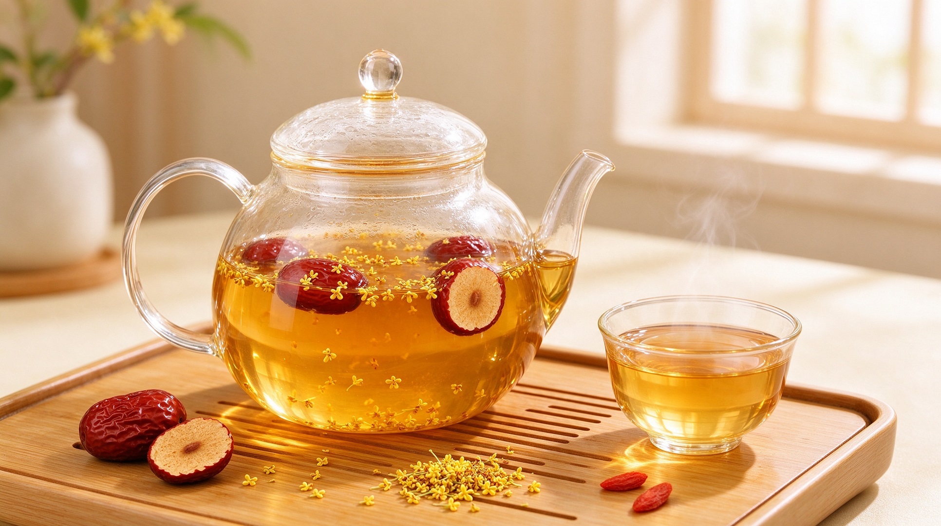 Osmanthus tea with red dates in a glass cup