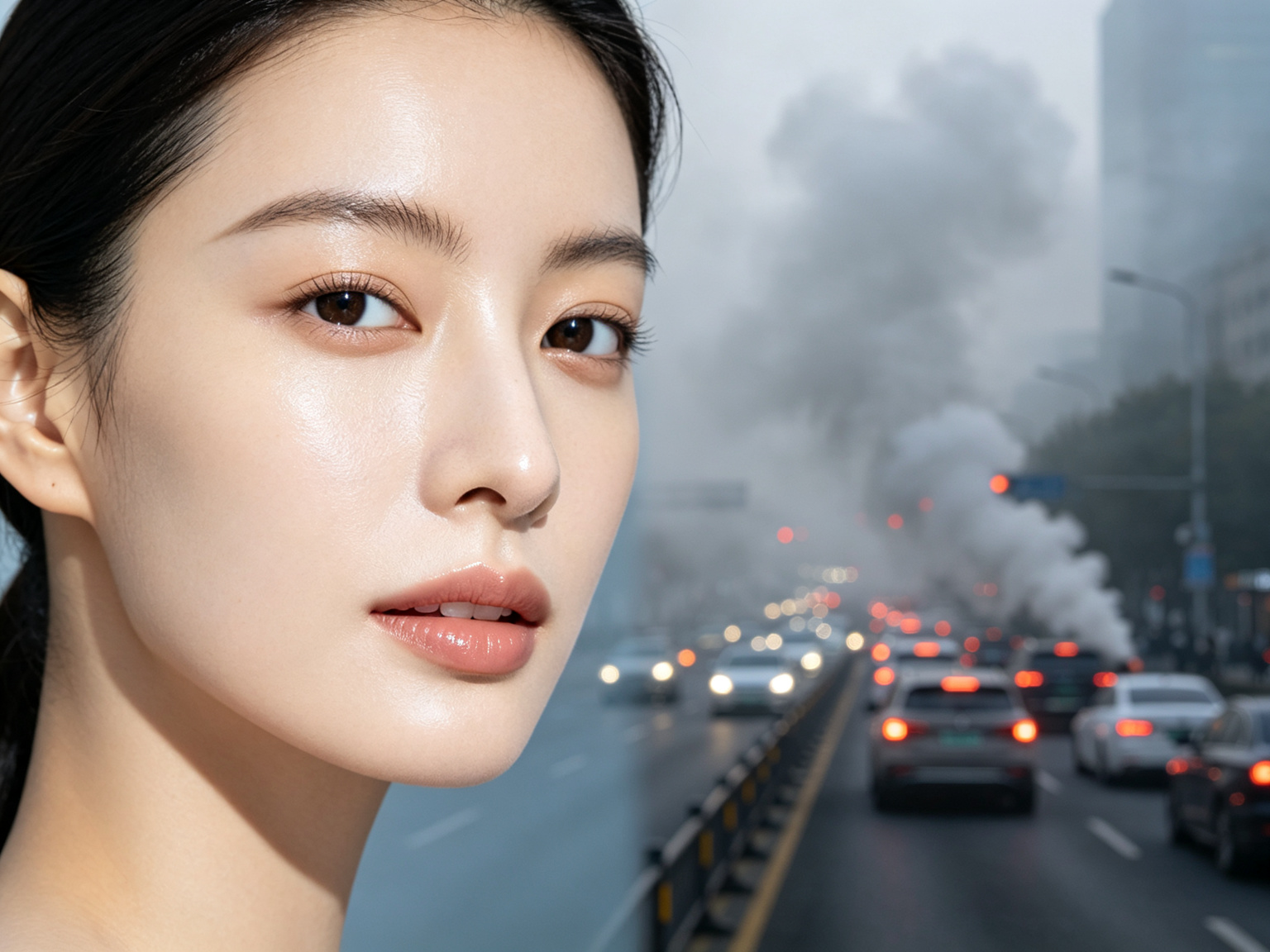 Fresh skin close-up contrasted with blurred city traffic fumes and haze